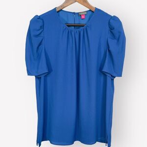 Vince Camuto‎ Blouse Top Women L Blue Lined Pleated Short Sleeves K59